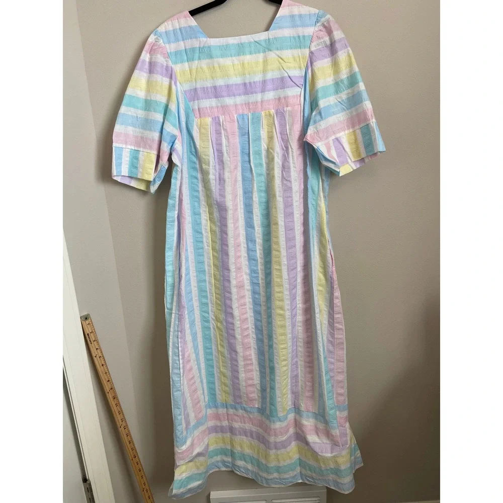 Styled‎ by Saybury Pastel Rainbow Stripe Seersucker House Dress Maxi Pockets L